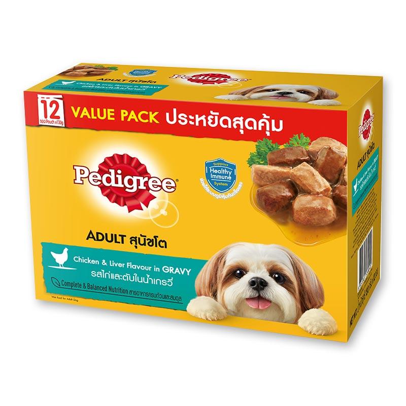 เพดดิกรี เพาช์ อาหารสุนัขโต รสไก่และตับในน้ําเกรวี่ 130 กรัม x 12 ซอง