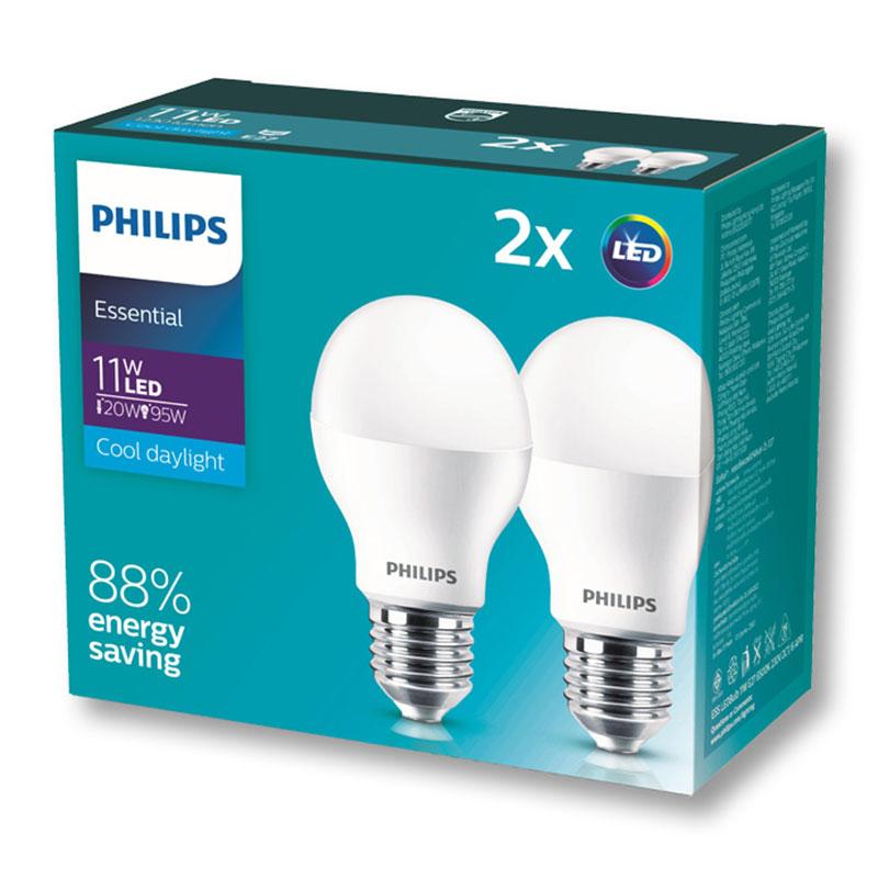 ฟิลิปส์ หลอดไฟขั้ว E27 LED Essential 11 วัตต์ แสงขาว x 2